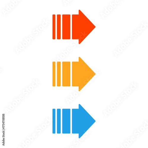 Set of colorful fast forward icons with directional arrows in red yellow and blue colors. Clipart image isolated on background.