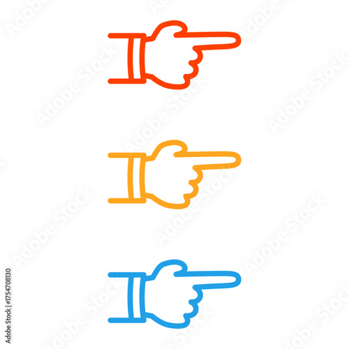 Colorful line art of hand symbols pointing right in red orange and blue. Clipart image isolated on background.