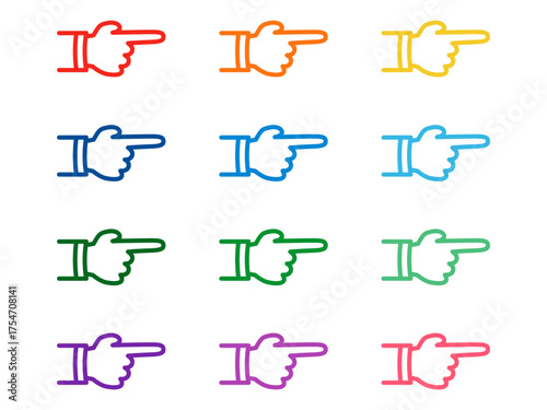 Colorful hand symbols with pointing index finger in various hues arranged in grid pattern. Clipart image isolated on background.