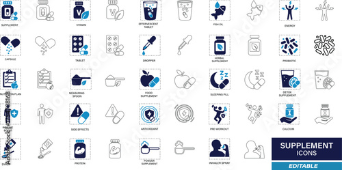 Supplement icon set featuring vitamins, protein, capsules, minerals,  fish oil, calcium, herbal, probiotic, nutrition, health, fitness, and herbal nutrition elements. Solid vector illustration in mode