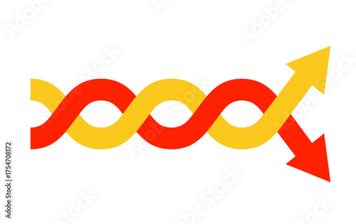 Red and yellow intertwined arrows forming dynamic wave pattern with diverging directions. Clipart image.