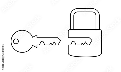 Simple line art illustration of key and padlock. Clipart image isolated on background.