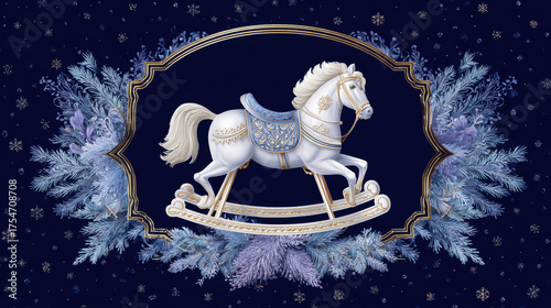 Magical Christmas vintage rocking horse toy ornament in an ornate frame. festive blue winter background with snow and fir branches creates nostalgic holiday feeling
