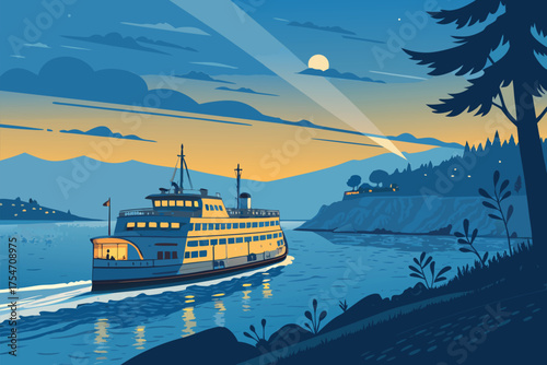 A ferry navigates calm waters at dusk past a forested island.