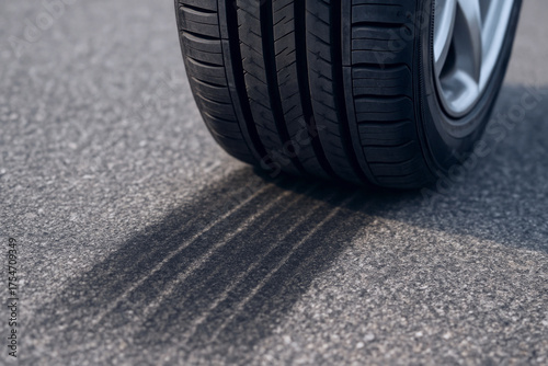 Closeup of a car tire on asphalt road with skid marks generated by braking heavily on tarmac