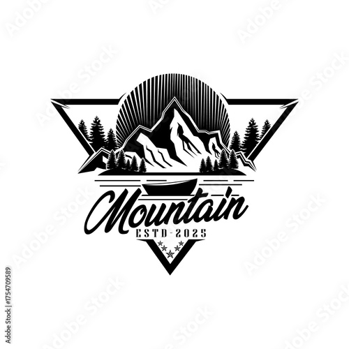 Vintage mountain adventure badge emblem landscape with peaks, trees, a lake, boat, and radiating sun rays, stars. Perfect for outdoor adventure branding, hiking gear, logos, apparel graphics.