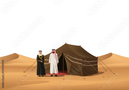 Two Arabic men in traditional clothing standing in front of a tent in a desert landscape at daytime