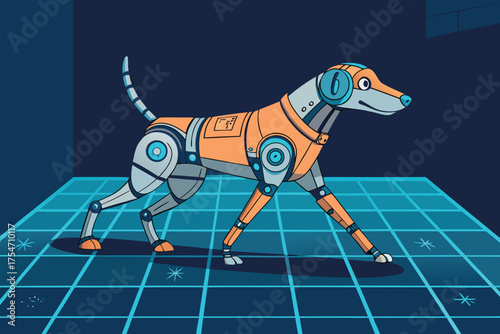 A robotic dog walks on a futuristic grid floor indoors.