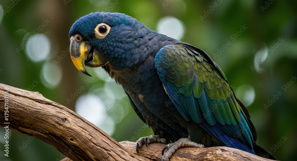 Obraz premium Dark blue parrot with yellow beak and green wing feathers perches on a branch.