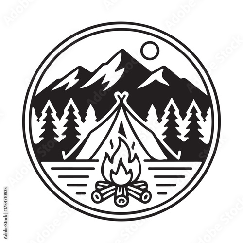 campfire and mountain silhouette logo vector