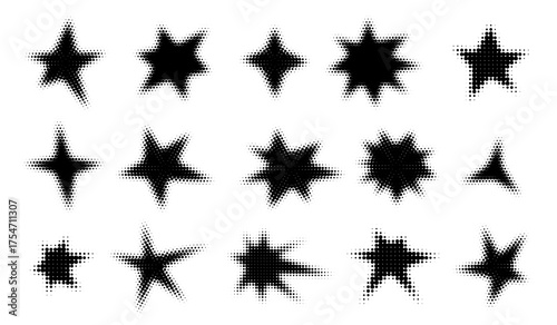 Halftone star and burst shapes. Dotted pop art explosion and sunburst vector set with retro comic effect
