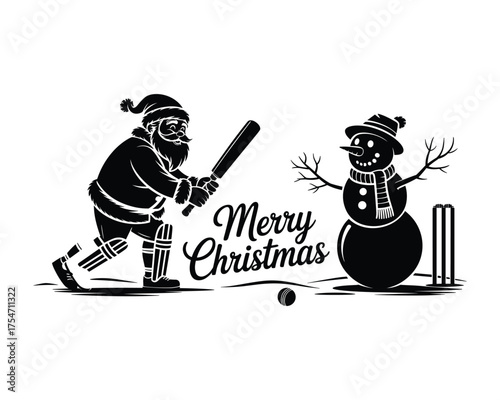 Marry Christmas concept with Santa clause playing cricket with a snowman wickets 