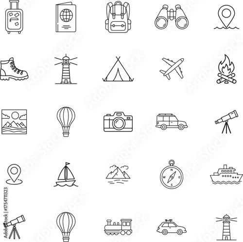 Travel Vacation and Global Exploration Line Icon Set