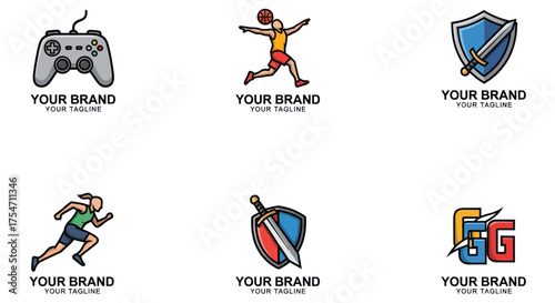 Collection of sports and gaming logos with various themes and styles.
