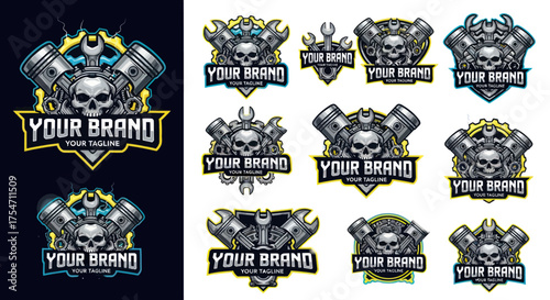 Skull and Pistons Emblem Set for Automotive and Biker Brands.