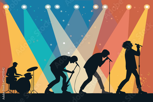 Silhouetted rock band performing on a stage with colorful spotlights.