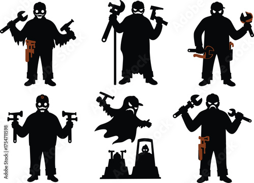 Dark mechanic silhouettes, horror worker figures, industrial tools with orange highlights, spooky construction art, haunted workers design, gothic mechanical monsters illustration