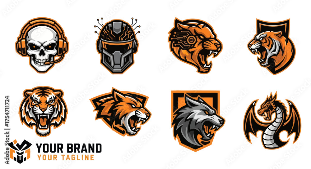 Obraz premium Collection of Aggressive Mascot Logos - Skull, Tiger, Wolf, Dragon, and Futuristic Helmet.