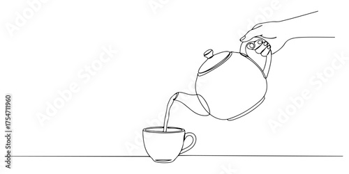 Continuous one line of teapot pouring tea into cup, style drawing vector illustration.
