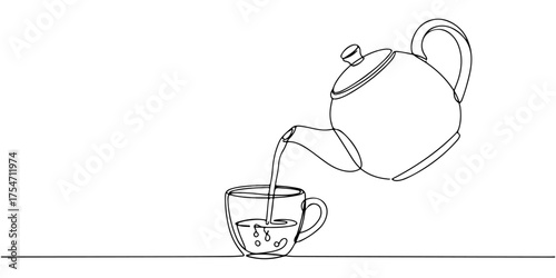 Continuous one line of teapot pouring tea into cup, style drawing vector illustration.
