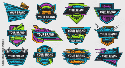 Set of Racing Car Emblems and Logos with Sporty Designs.