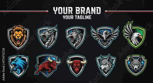 Collection of ten detailed animal head esports gaming logo designs.