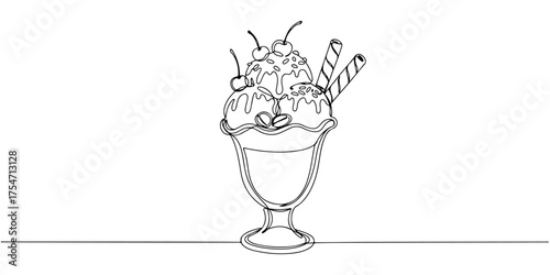 Continuous one line of ice cream sundae with toppings, style drawing vector illustration.
