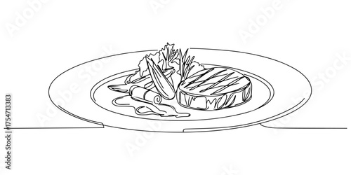 Continuous one line of elegant gourmet dishes arranged with artistic plating, style drawing vector illustration.