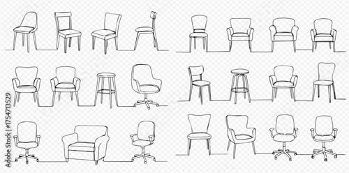 A collection of various chairs, armchairs, and stools drawn in a continuous line art style.