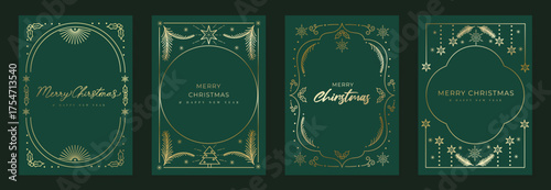 Elegant Merry Christmas and Happy New Year greeting card vector set with gold line art decorations, green background, holiday frames for celebration