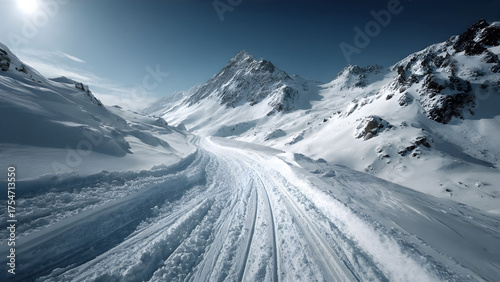 A realistic photo of a snowy mountain view with ski tracks, minimalist and Clean background