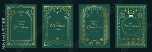 Elegant Merry Christmas and Happy New Year greeting card vector set with gold line art decorations, green background, holiday frames for celebration