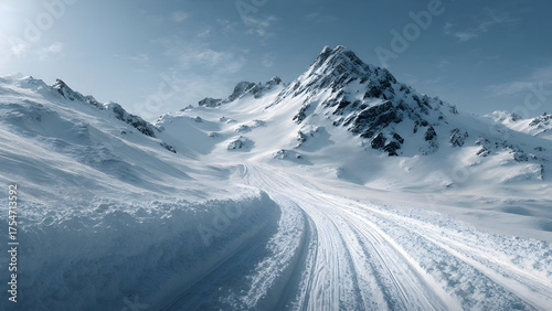 A realistic photo of a snowy mountain view with ski tracks, minimalist and Clean background