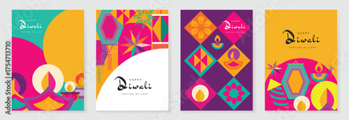 Happy Diwali light festival poster vector set. Diwali festival wallpaper design with colorful lantern, floating lights, firework. Culture Illustration design for celebration, greeting, card, ads.