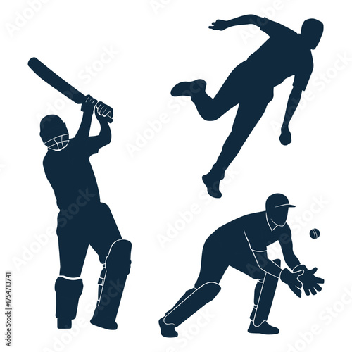 Dynamic silhouettes of cricket players in action batting bowling and fielding on white background