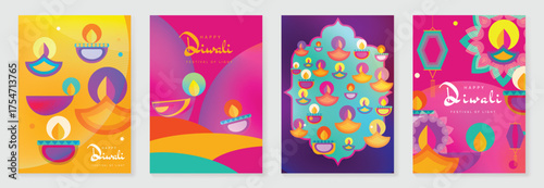 Happy Diwali light festival poster vector set. Diwali festival wallpaper design with colorful lantern, floating lights, firework. Culture Illustration design for celebration, greeting, card, ads.