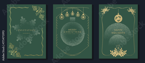 Elegant green and gold Merry Christmas greeting card vector set with sparkling line art tree, ornaments, snowflakes, bells, and festive holiday decorations