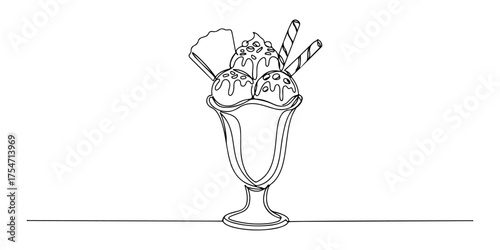 Continuous one line of ice cream sundae with toppings, style drawing vector illustration.
