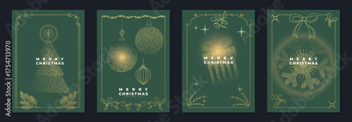 Elegant green and gold Merry Christmas greeting card vector set with sparkling line art tree, ornaments, snowflakes, bells, and festive holiday decorations
