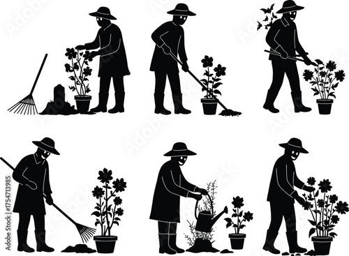 Gardening silhouette illustration, farmer working with plants, harvesting flowers, watering garden, planting soil, horticulture artwork, agricultural design, seasonal farming activity