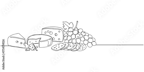 Continuous one line of cheese board with various kinds of cheese, grapes and crackers, elegant culinary style drawing vector illustration.

