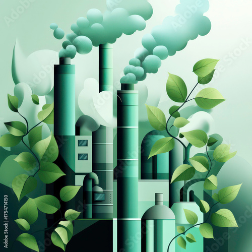 A large industrial plant with smoke billowing out of its top. The plant is surrounded by lush green foliage, giving it a serene and natural appearance