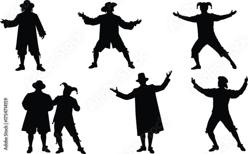 Historical performer silhouettes, theatrical costume poses, jester-inspired characters, expressive movement, vintage attire illustration, black vector art for drama, stage, and entertainment themes