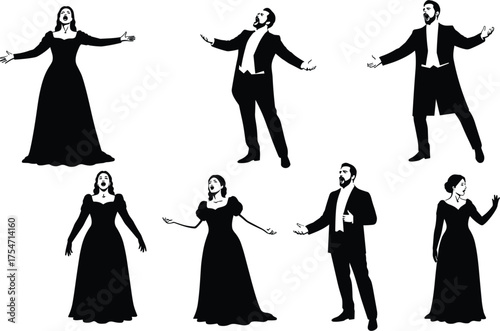 Opera singer silhouettes, dramatic performance poses, classical music art, elegant formal attire, expressive gestures, theatrical emotion, black vector illustration for stage-themed design