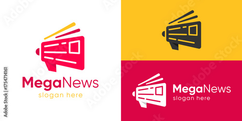 Creative simple mega news logo template. Megaphone with newsletter logo design vector illustration.