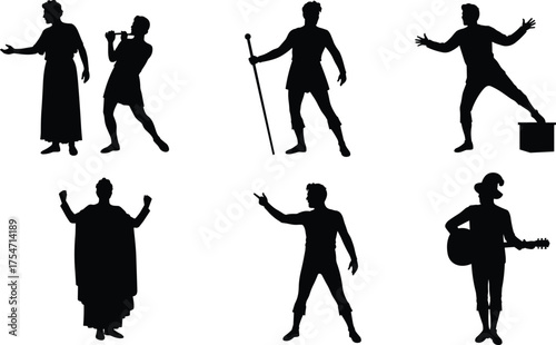 Performing arts silhouettes, dramatic character poses, musical and theatrical expression, black vector illustration, storytelling, heroism, stage presence, entertainment design elements