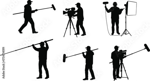 Film crew silhouettes, boom microphone operators, camera setup, video production team, filmmaking equipment, cinematic tools, sound recording, movie set professionals, black vector icons