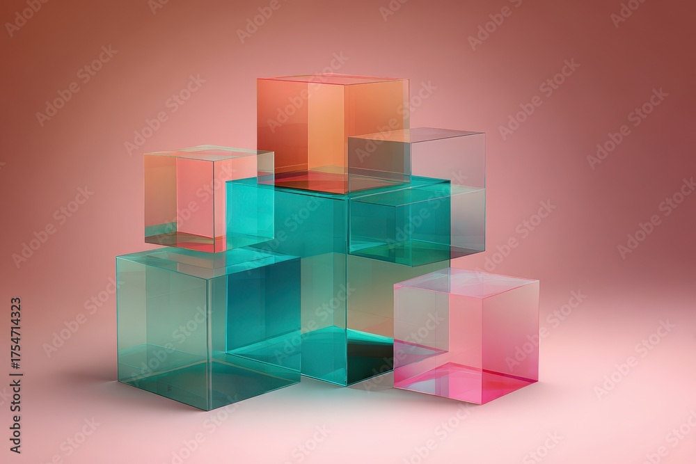 Obraz premium A vibrant display of translucent cubes in varying shades of teal, coral, and rose, arranged in a modern geometric composition against a soft blush backdrop.