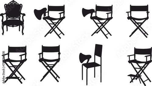Silhouette chairs collection, director’s chair, vintage armchair, filmmaking props, megaphone accent, minimalist seating, creative workspace, cinematic furniture, studio setup, artistic composition