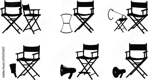 Director’s chair silhouettes, filmmaking props, megaphone placement, studio setup, cinematic equipment, black icons, production tools, creative workspace, minimal design, film direction elements